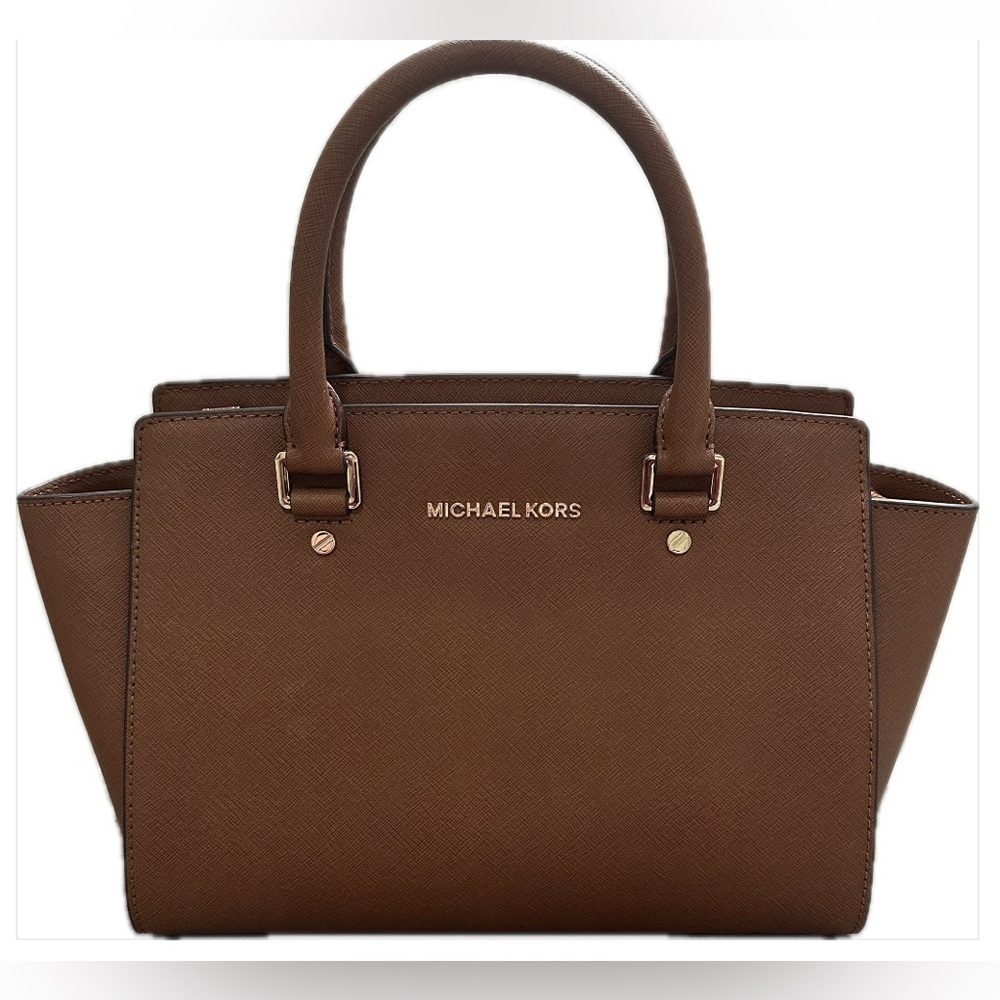 Michael Kors Selma Saffiano Leather Medium Satchel in Cognac